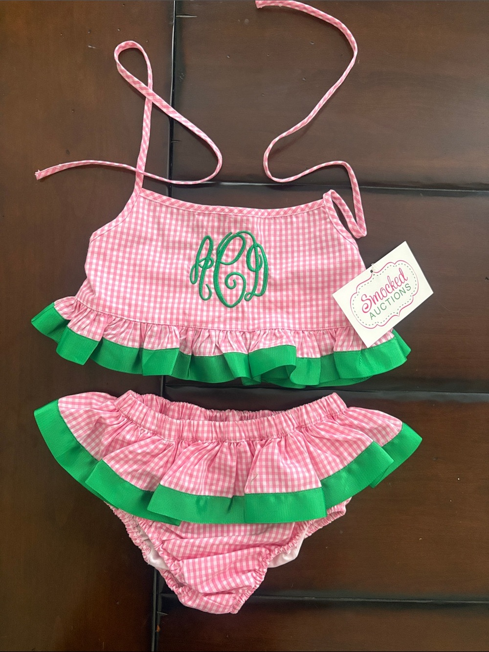 Girls smocked “ACD” Pink Gingham Ruffle Two-Piece Swim Set with Green Trim